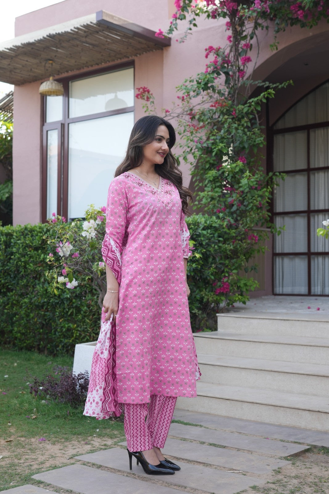 Rose Pink Printed Ethnic Set – Kurta, Pant & Dupatta