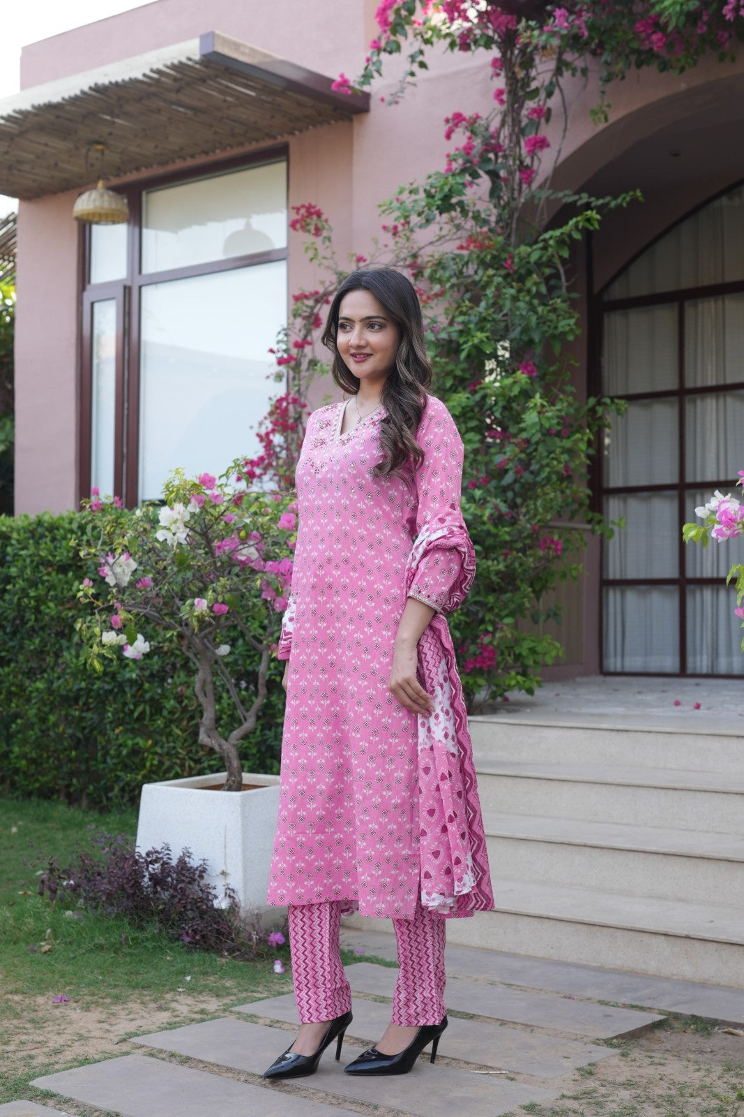 Rose Pink Printed Ethnic Set – Kurta, Pant & Dupatta