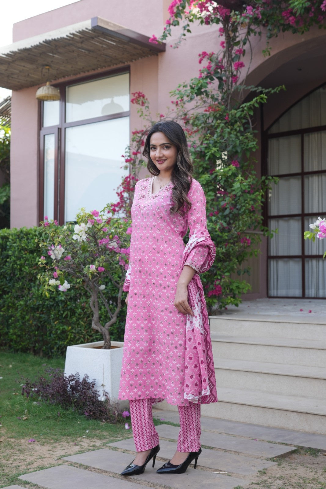 Rose Pink Printed Ethnic Set – Kurta, Pant & Dupatta