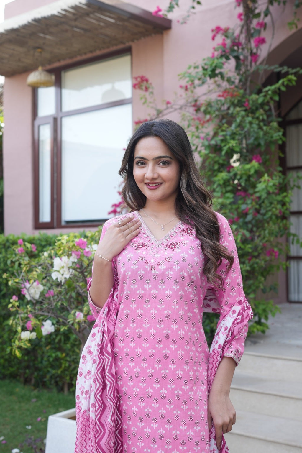 Rose Pink Printed Ethnic Set – Kurta, Pant & Dupatta