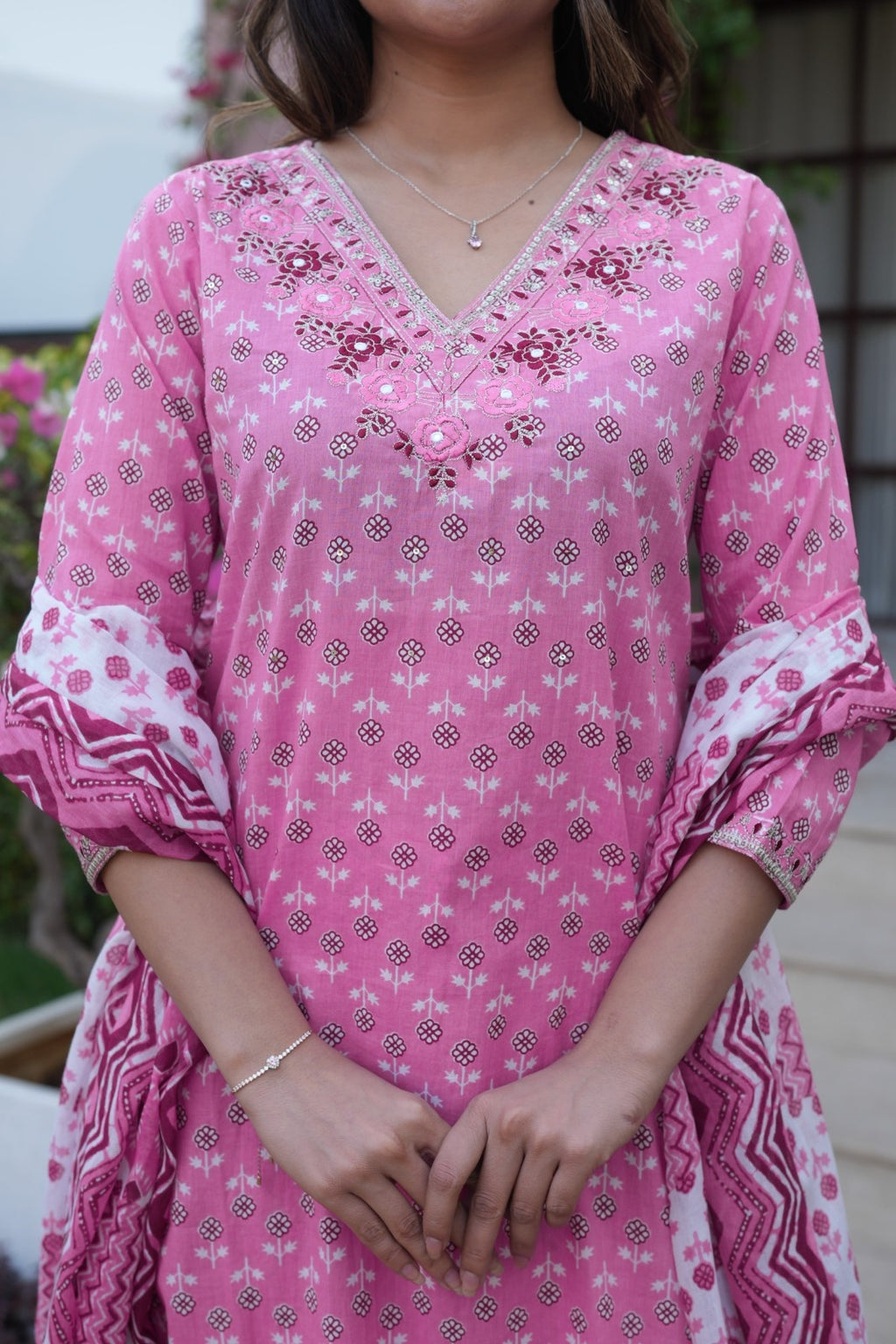 Rose Pink Printed Ethnic Set – Kurta, Pant & Dupatta