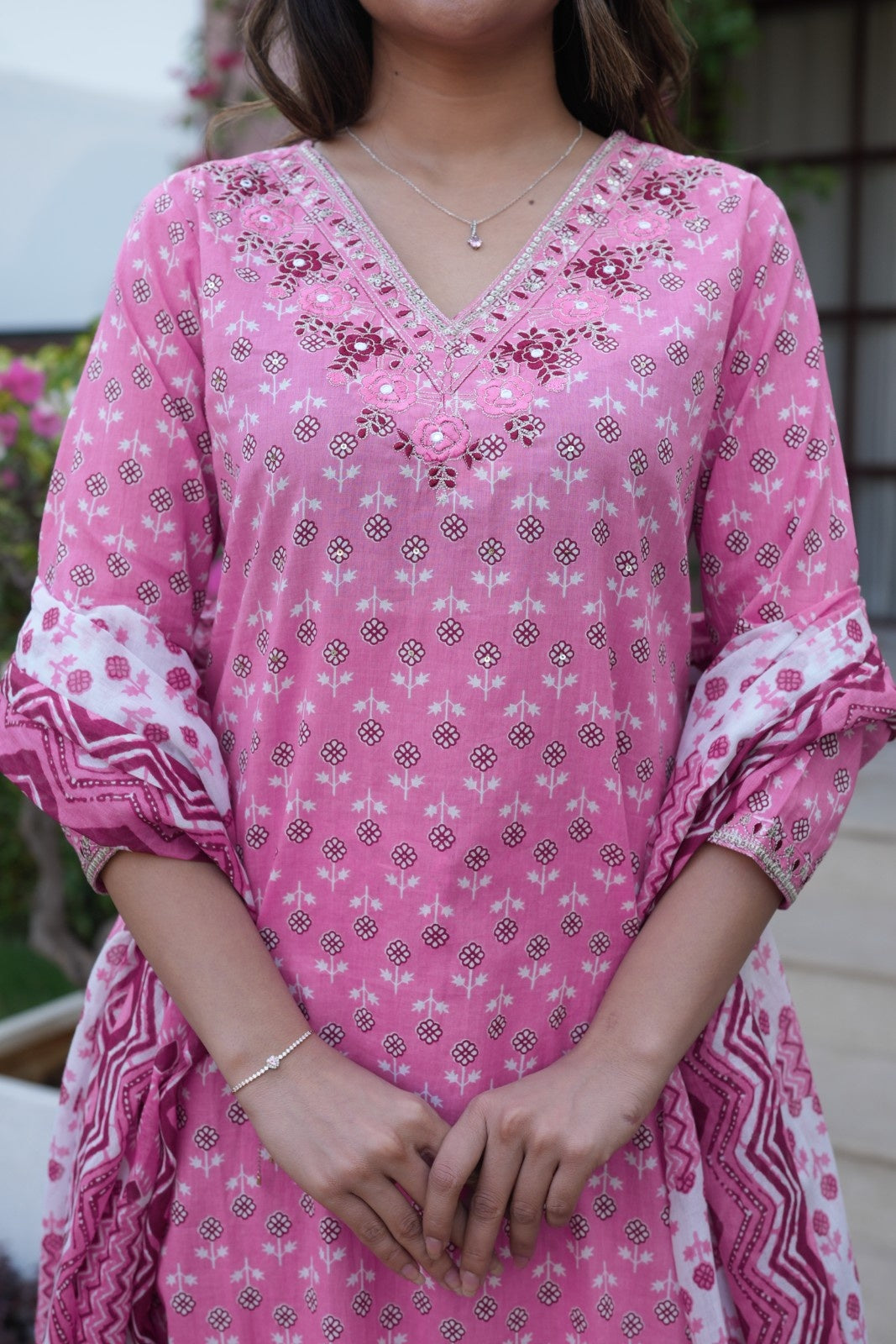 Rose Pink Printed Ethnic Set – Kurta, Pant & Dupatta