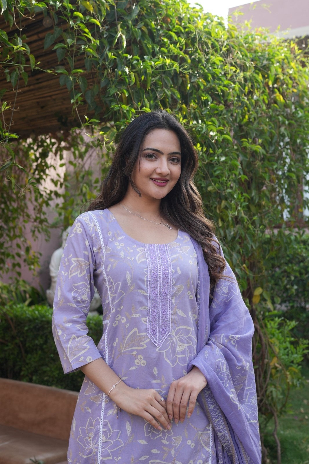 Lavender Floral Ethnic Set – Kurta, Pant & Dupatta