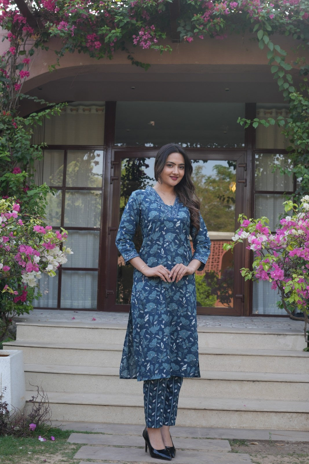 Deep Blue Floral Ethnic Set – Kurta, Pant & Dupatta