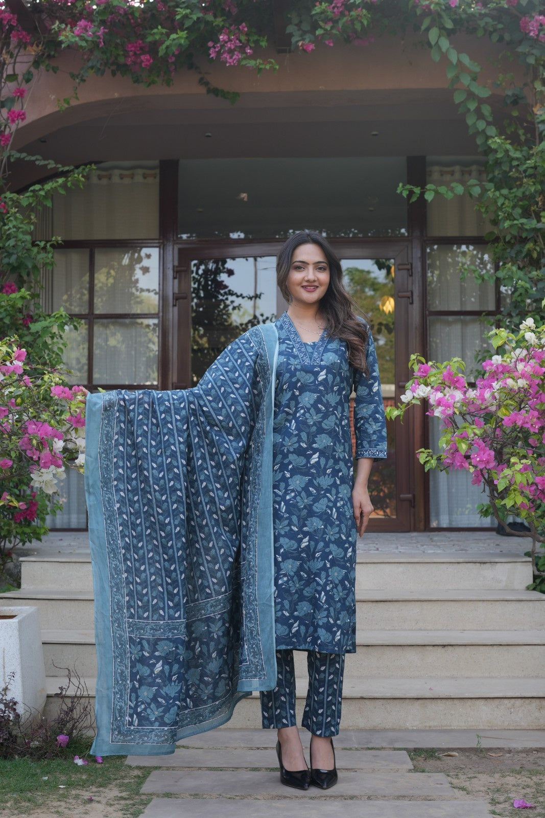 Deep Blue Floral Ethnic Set – Kurta, Pant & Dupatta