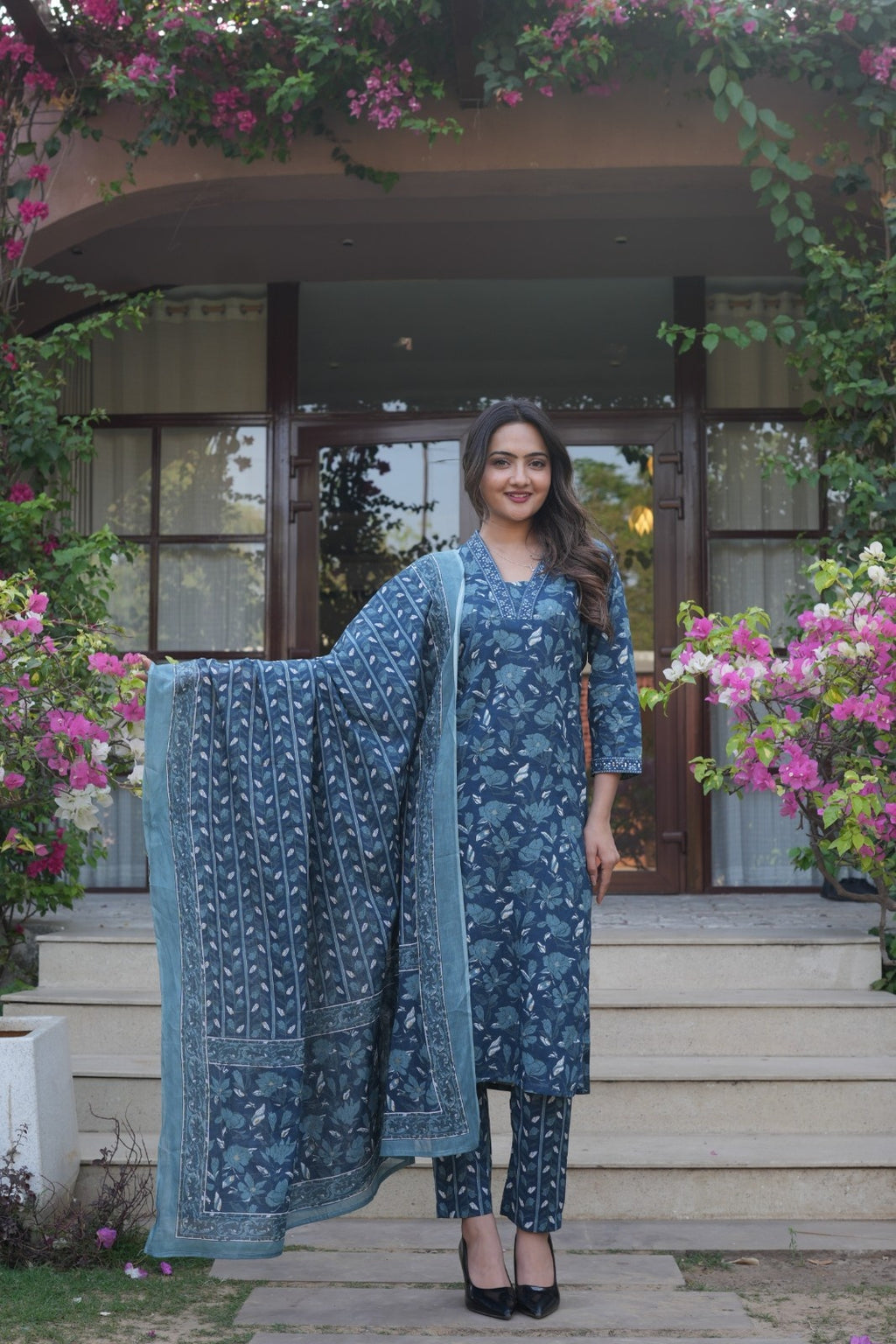 Deep Blue Floral Ethnic Set – Kurta, Pant & Dupatta