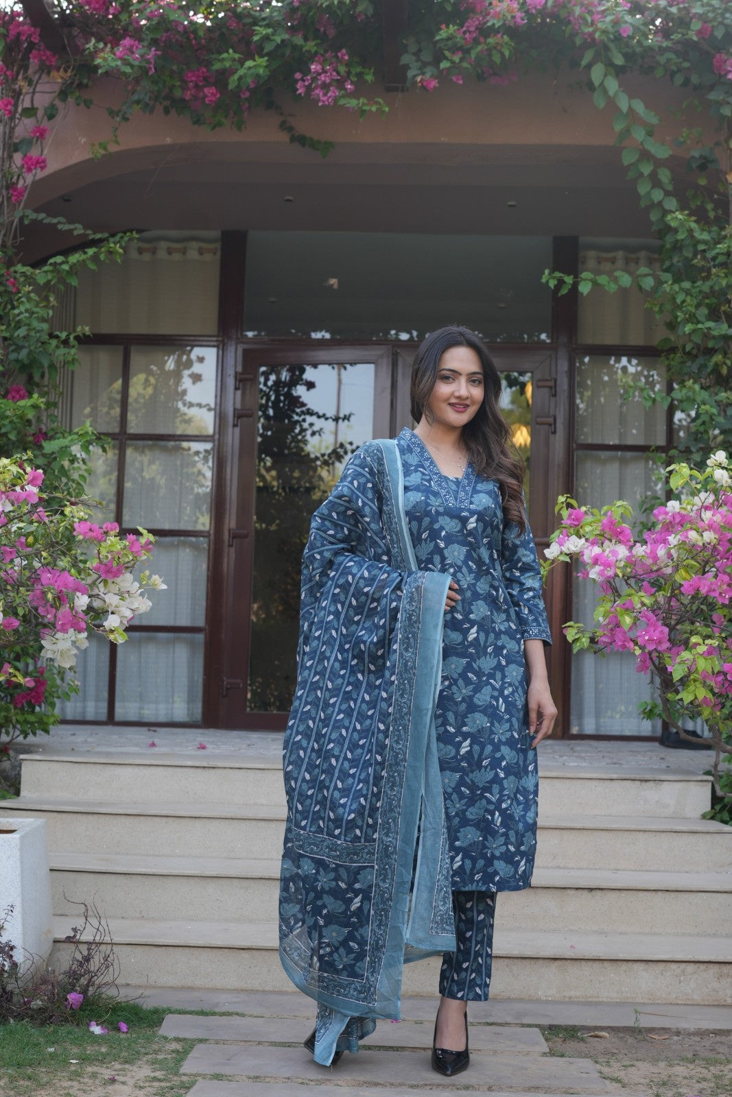 Deep Blue Floral Ethnic Set – Kurta, Pant & Dupatta