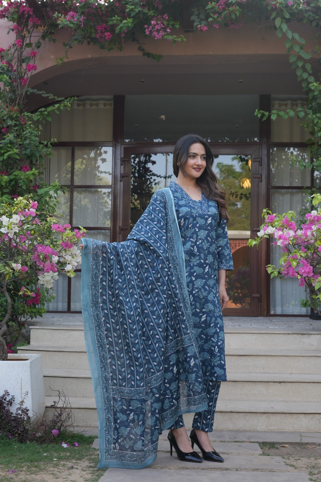Deep Blue Floral Ethnic Set – Kurta, Pant & Dupatta