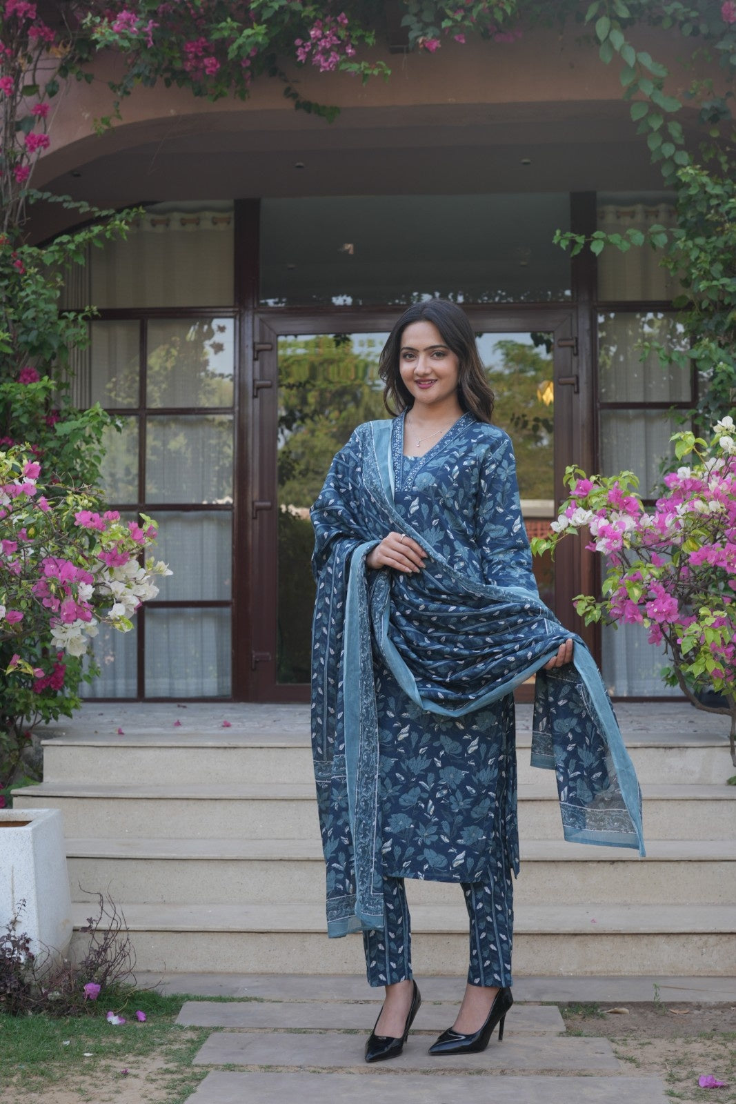 Deep Blue Floral Ethnic Set – Kurta, Pant & Dupatta