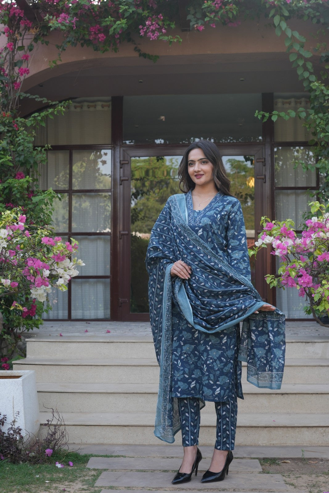 Deep Blue Floral Ethnic Set – Kurta, Pant & Dupatta