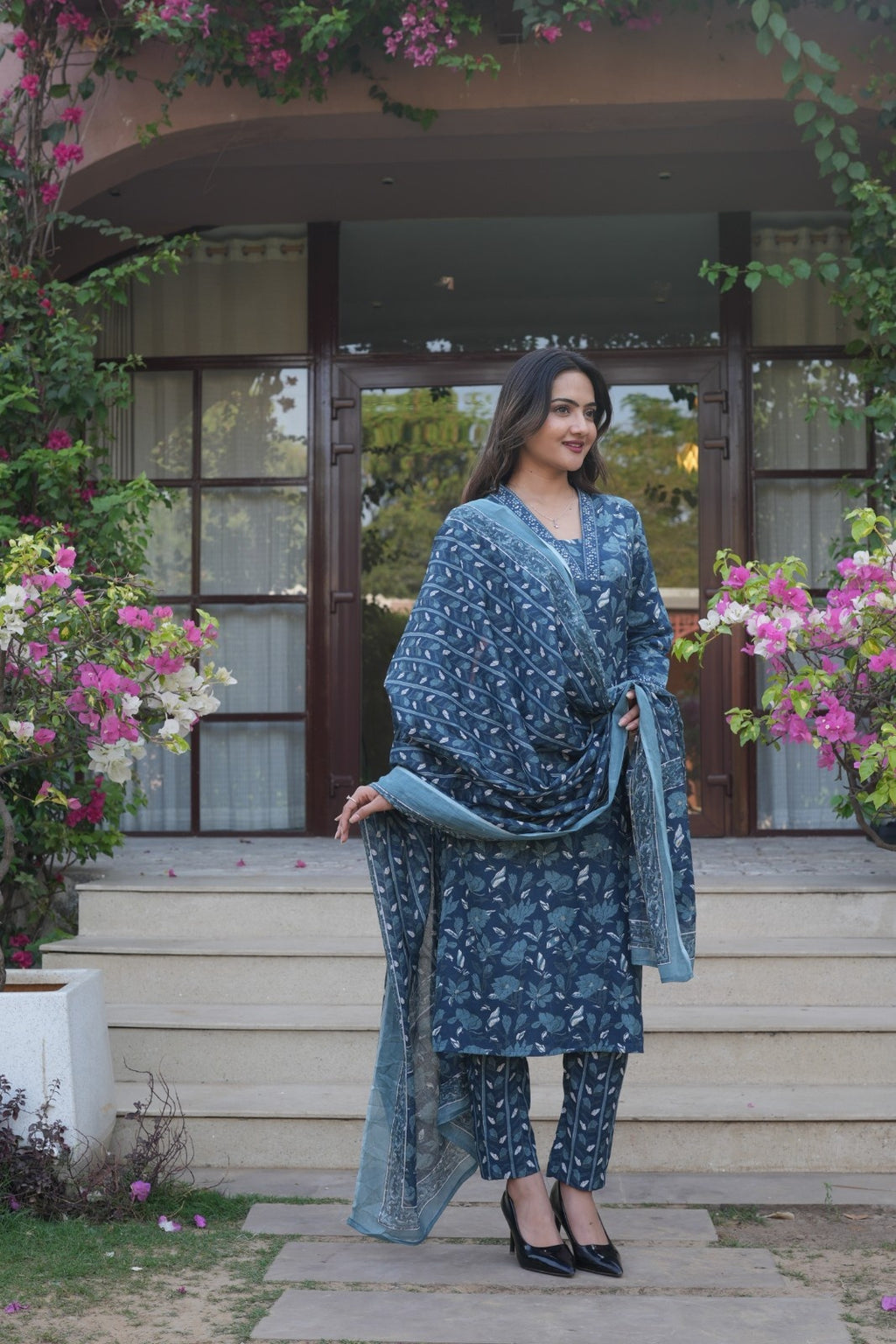 Deep Blue Floral Ethnic Set – Kurta, Pant & Dupatta