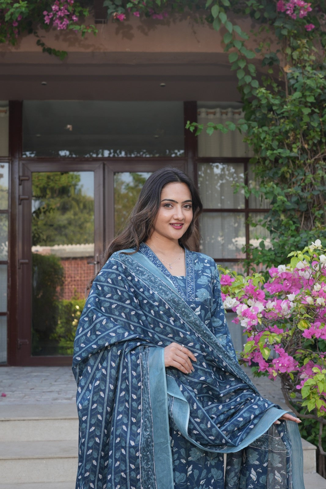 Deep Blue Floral Ethnic Set – Kurta, Pant & Dupatta