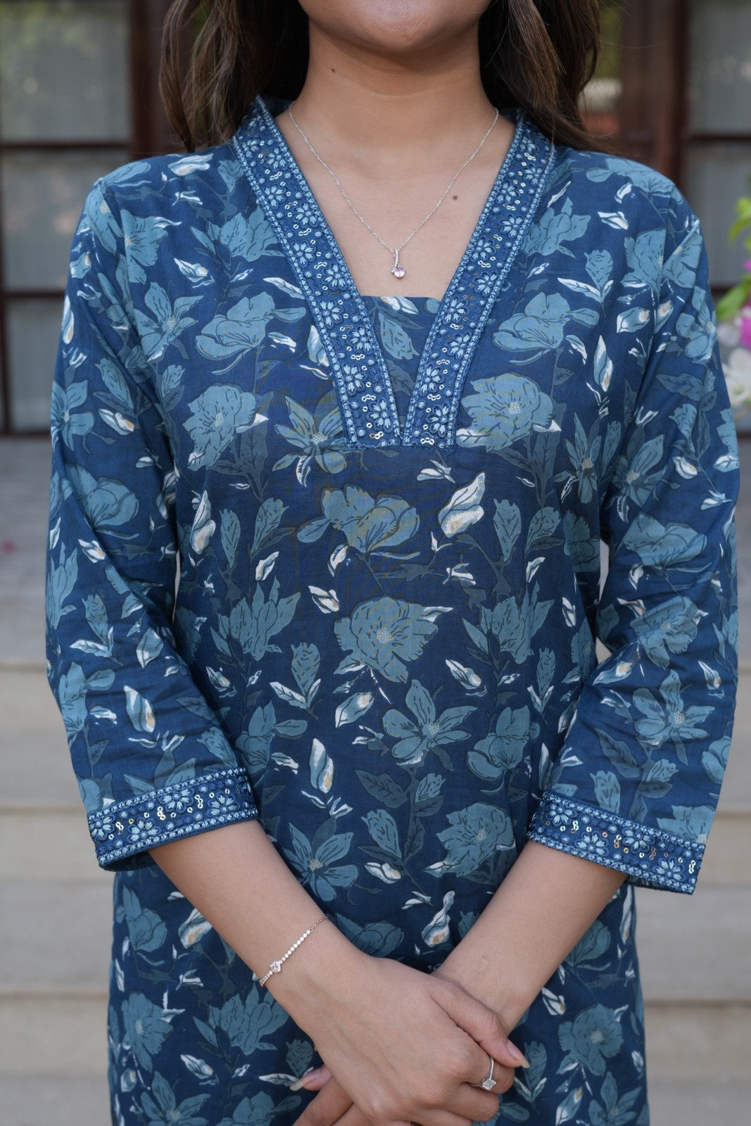 Deep Blue Floral Ethnic Set – Kurta, Pant & Dupatta