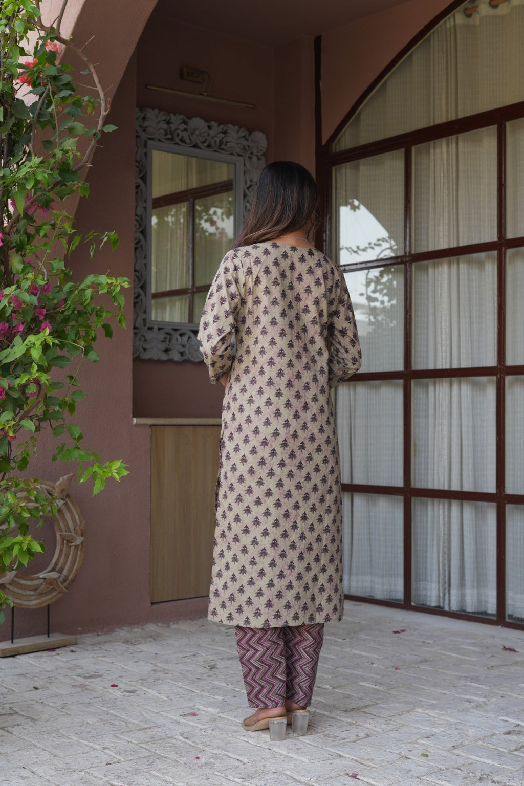 Beige & Maroon Printed Ethnic Set – Kurta, Pant & Dupatta