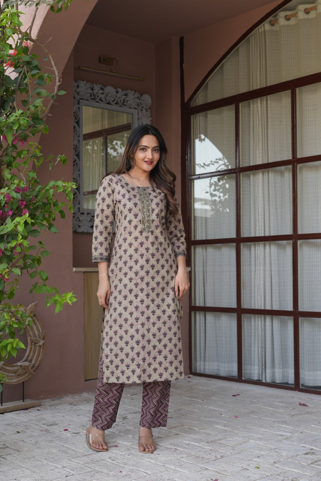 Beige & Maroon Printed Ethnic Set – Kurta, Pant & Dupatta