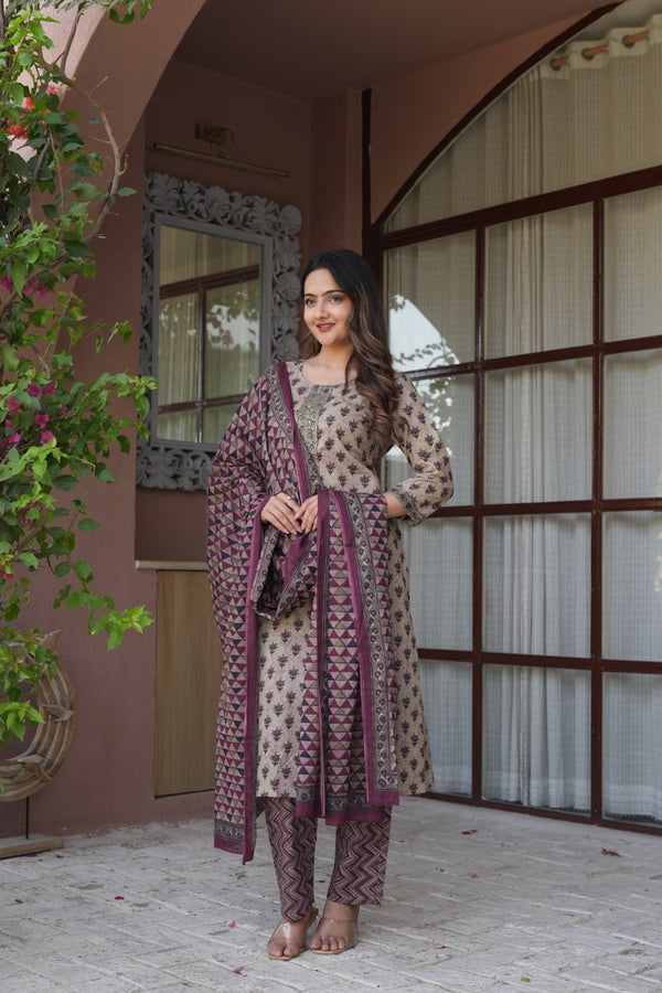 Beige & Maroon Printed Ethnic Set – Kurta, Pant & Dupatta