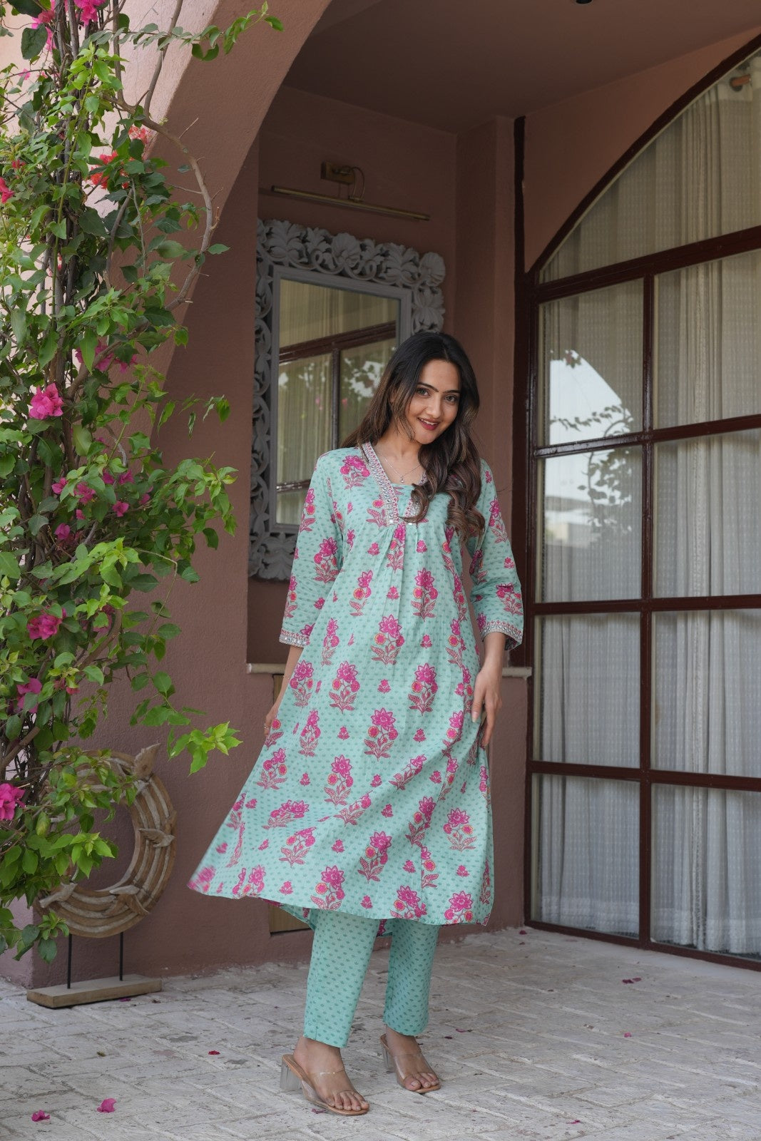 Mint Green Floral Ethnic Set – Kurta, Pant & Dupatta