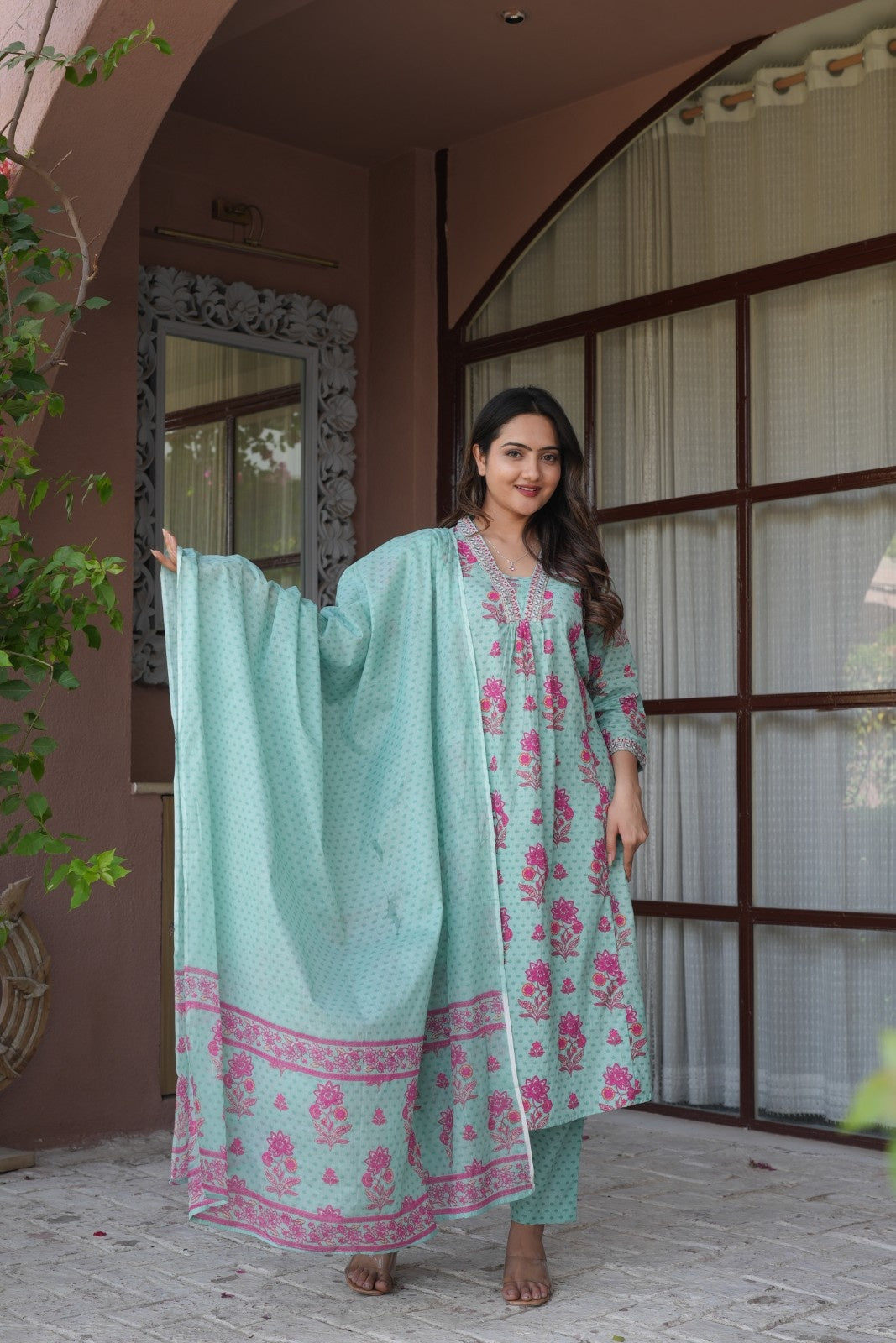 Mint Green Floral Ethnic Set – Kurta, Pant & Dupatta