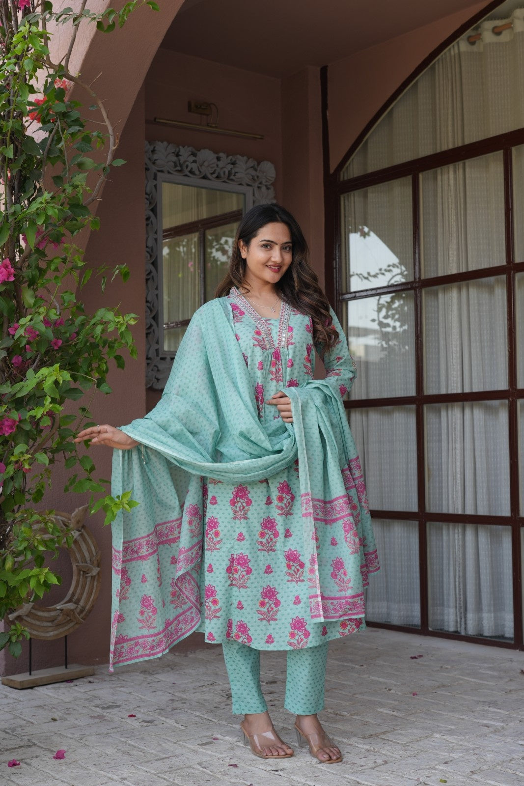 Mint Green Floral Ethnic Set – Kurta, Pant & Dupatta