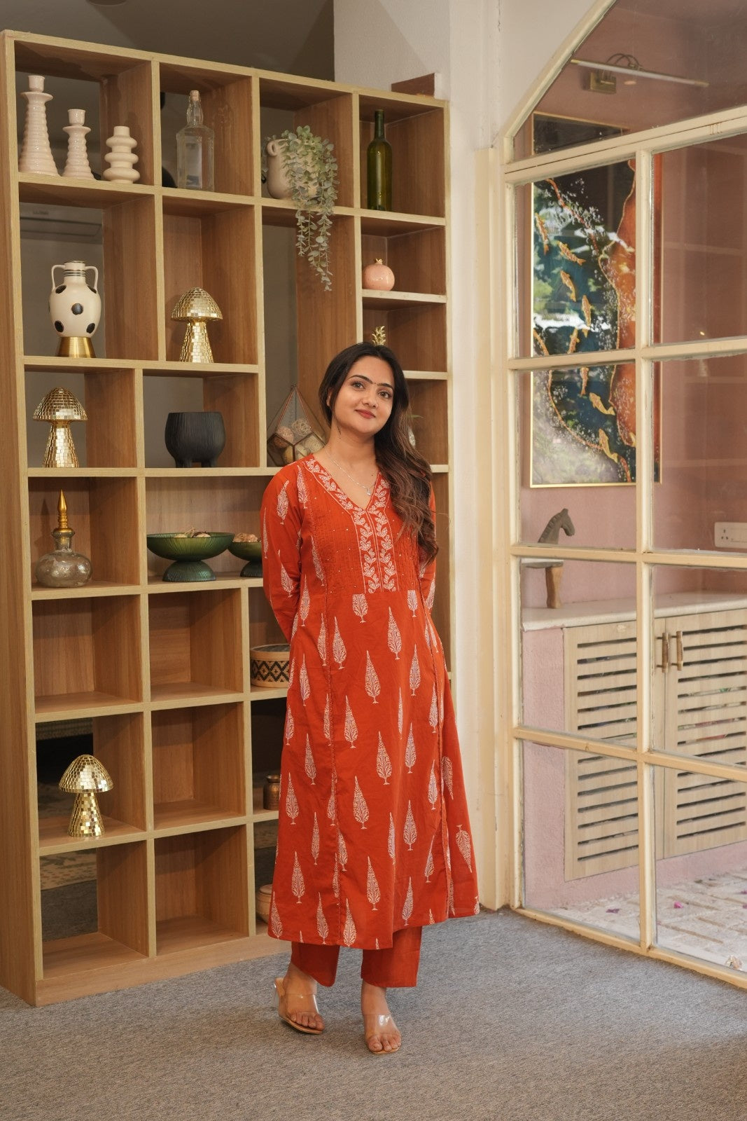 Rust Orange Printed Ethnic Set – Kurta, Pant & Dupatta