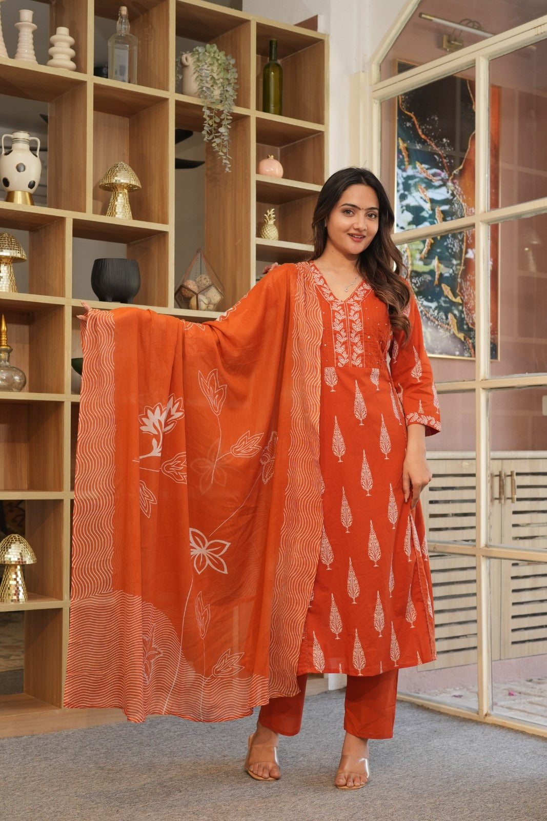 Rust Orange Printed Ethnic Set – Kurta, Pant & Dupatta