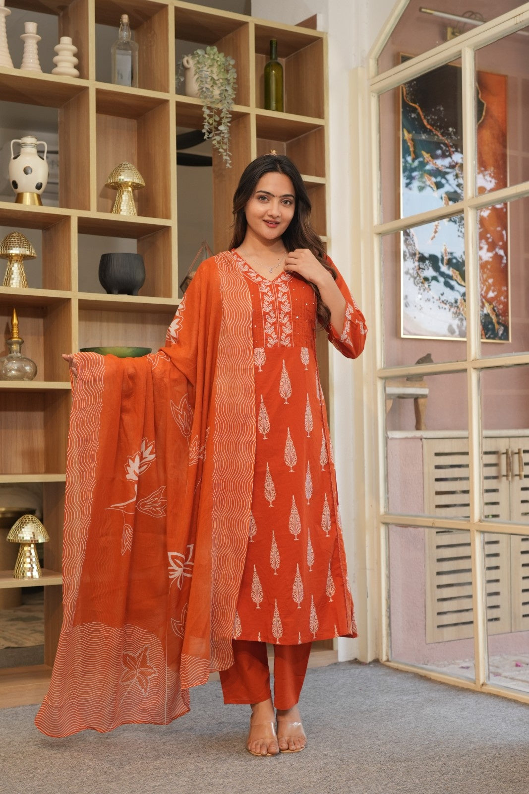 Rust Orange Printed Ethnic Set – Kurta, Pant & Dupatta