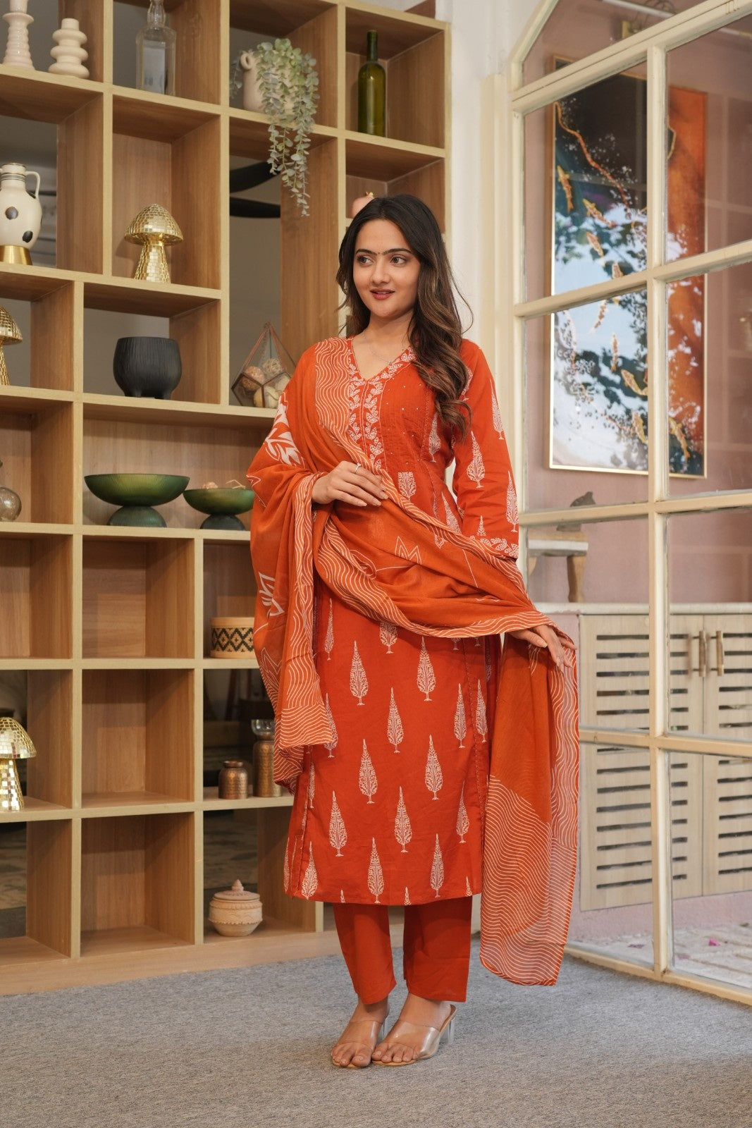 Rust Orange Printed Ethnic Set – Kurta, Pant & Dupatta