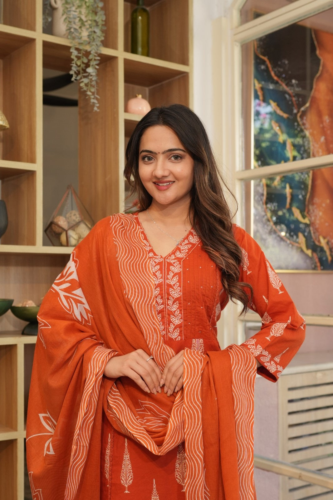 Rust Orange Printed Ethnic Set – Kurta, Pant & Dupatta