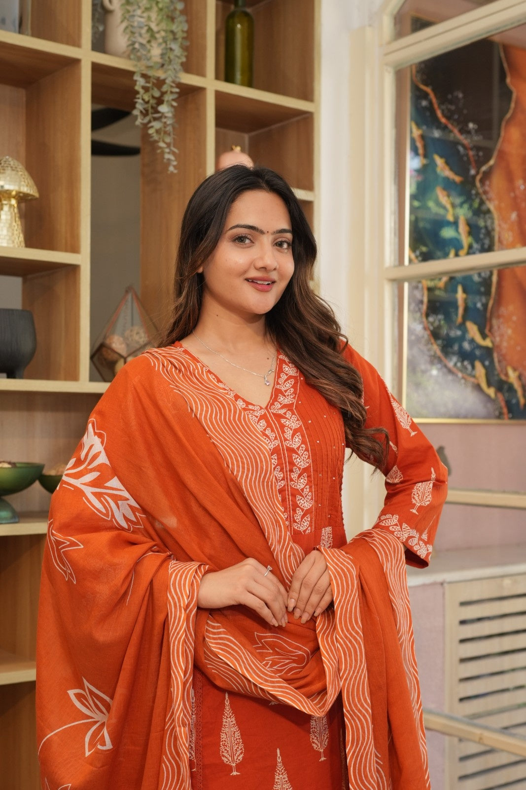 Rust Orange Printed Ethnic Set – Kurta, Pant & Dupatta