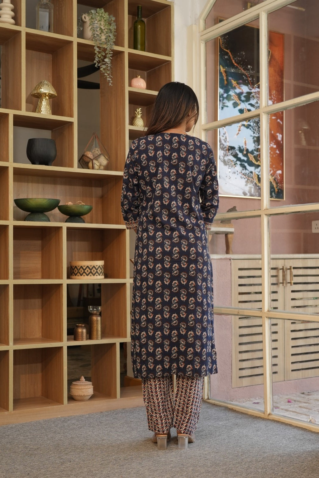 Navy Blue Printed Ethnic Set – Kurta, Pant & Dupatta
