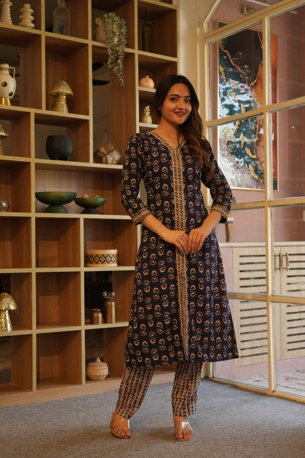 Navy Blue Printed Ethnic Set – Kurta, Pant & Dupatta