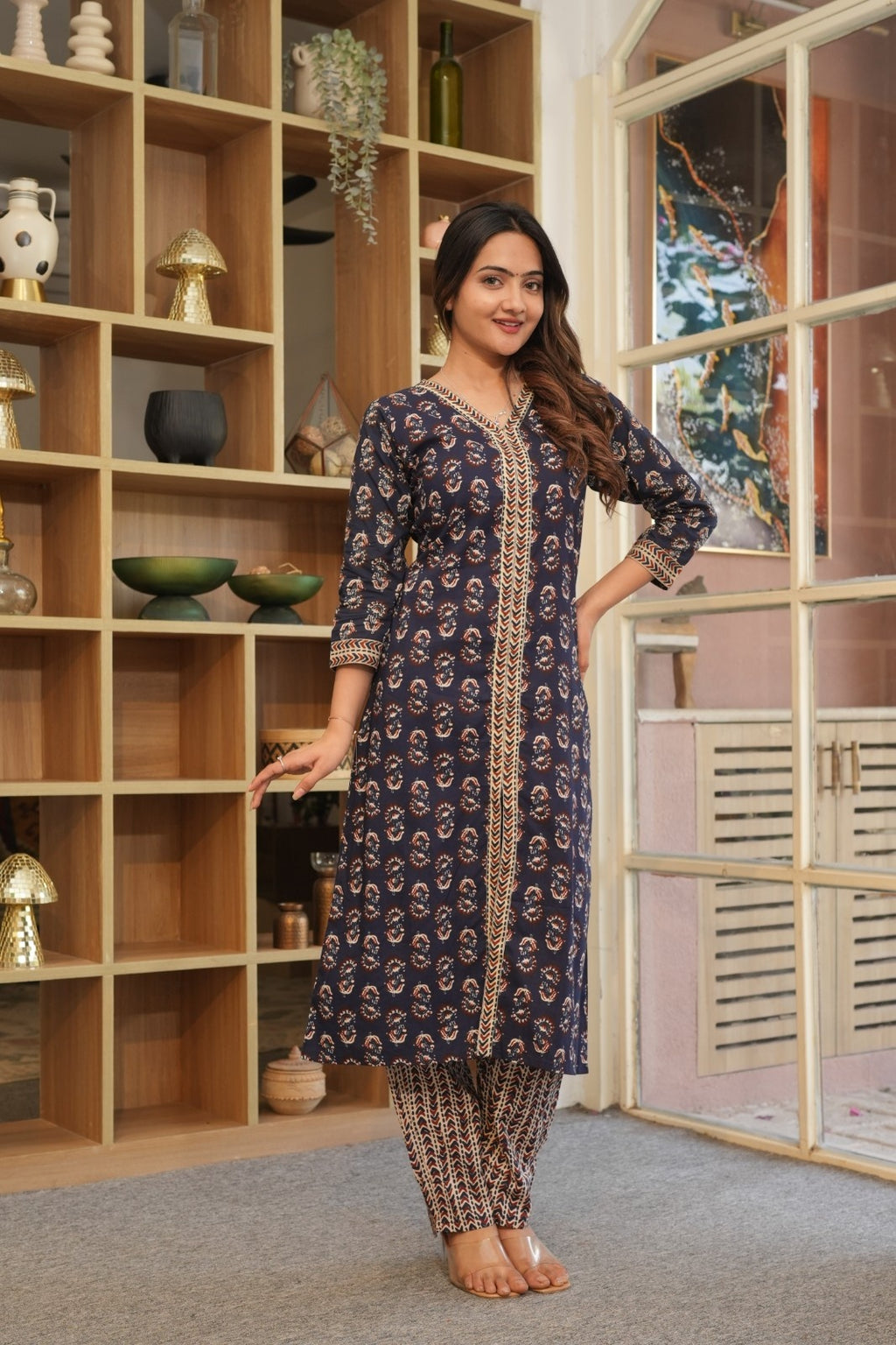 Navy Blue Printed Ethnic Set – Kurta, Pant & Dupatta