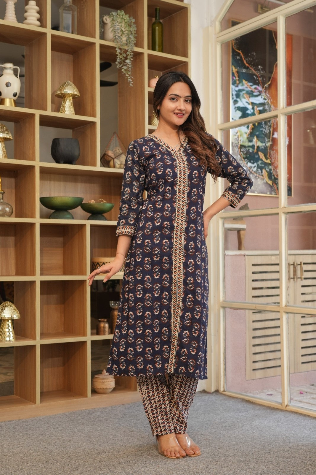 Navy Blue Printed Ethnic Set – Kurta, Pant & Dupatta