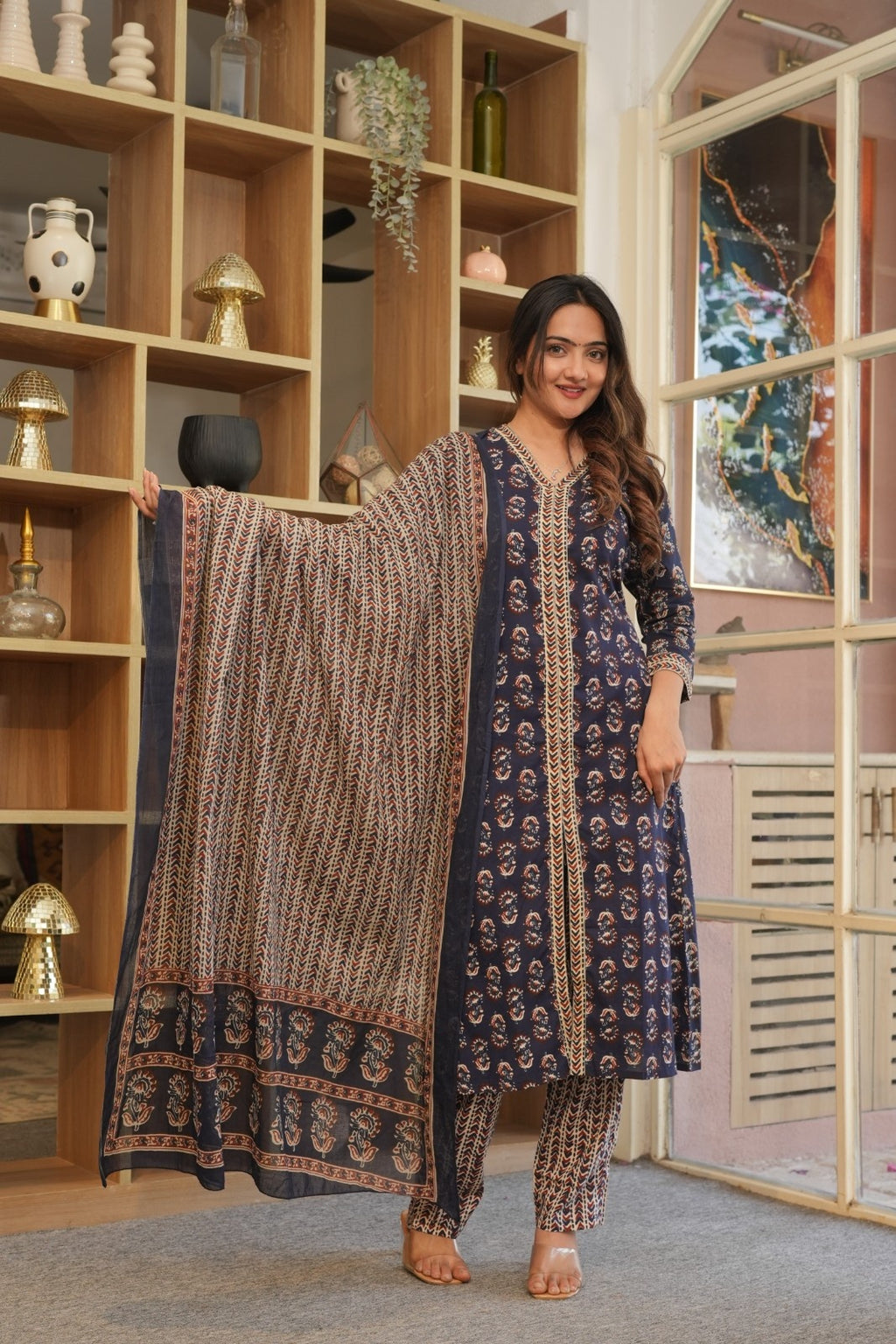 Navy Blue Printed Ethnic Set – Kurta, Pant & Dupatta
