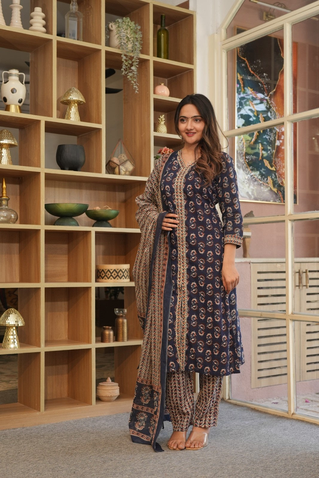 Navy Blue Printed Ethnic Set – Kurta, Pant & Dupatta