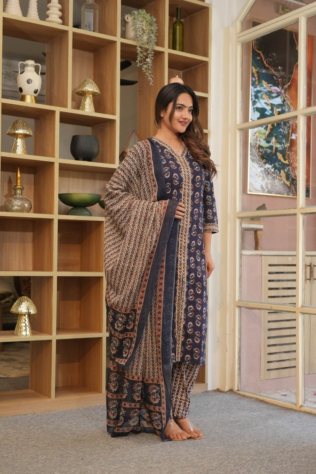 Navy Blue Printed Ethnic Set – Kurta, Pant & Dupatta