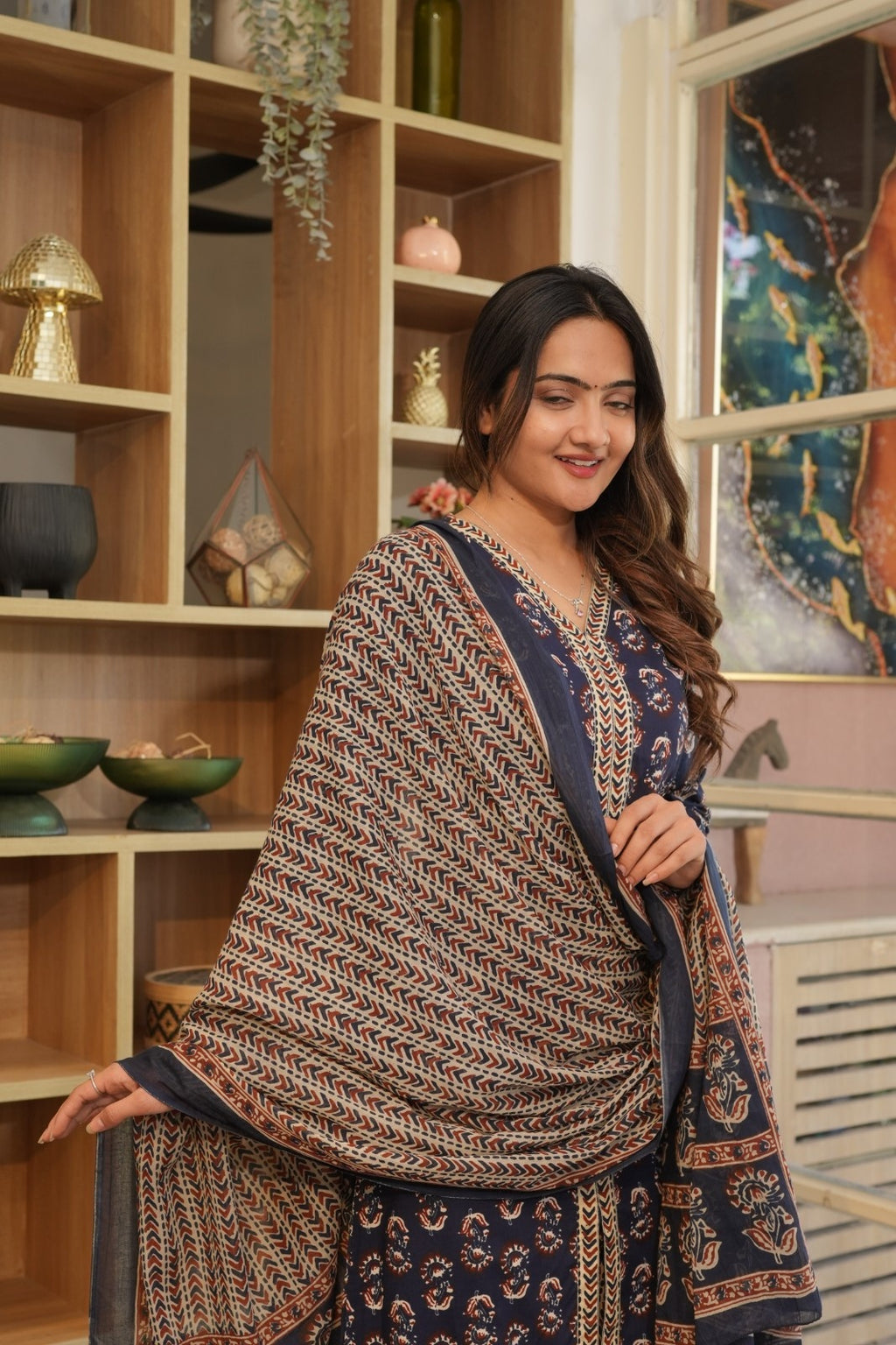 Navy Blue Printed Ethnic Set – Kurta, Pant & Dupatta