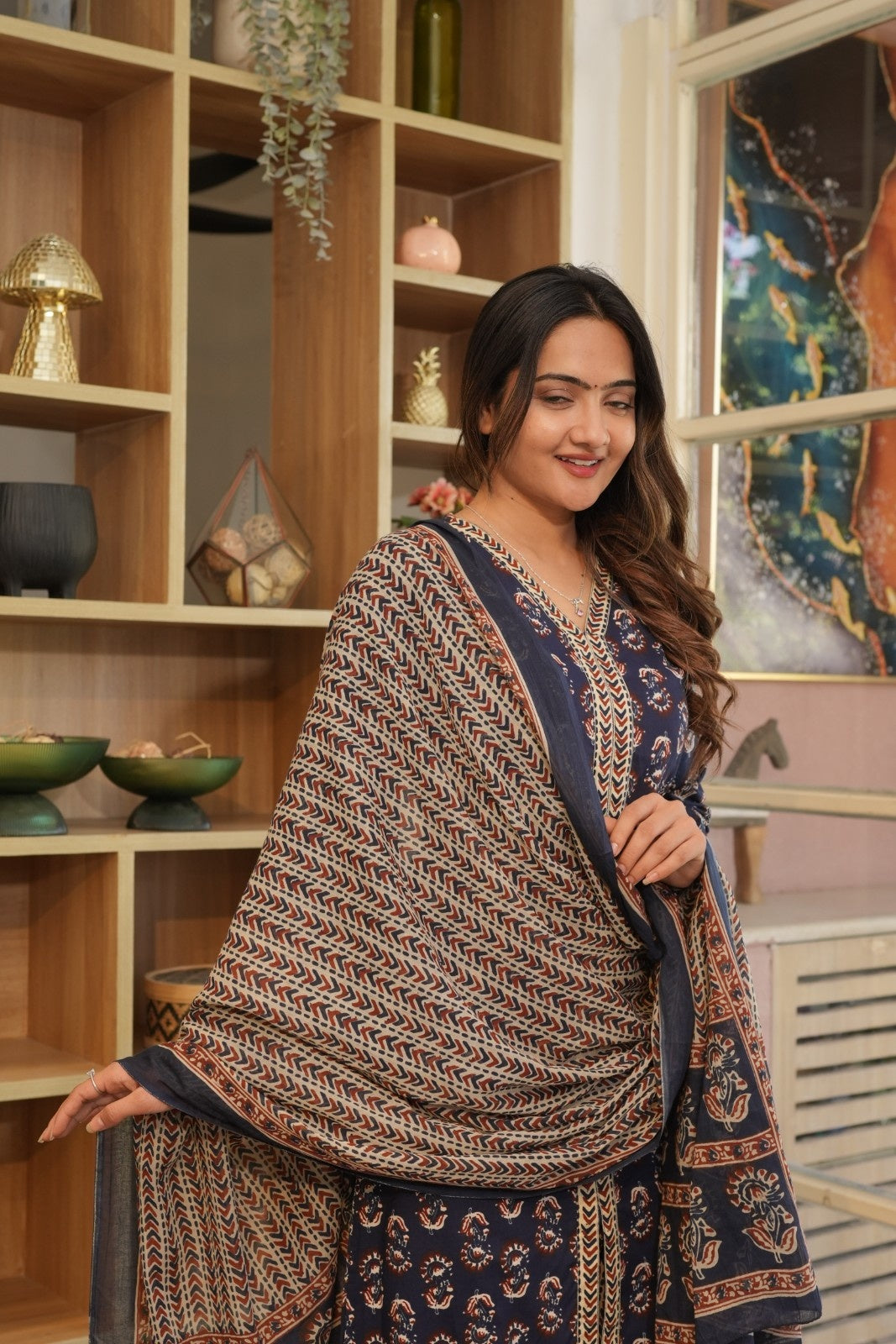 Navy Blue Printed Ethnic Set – Kurta, Pant & Dupatta