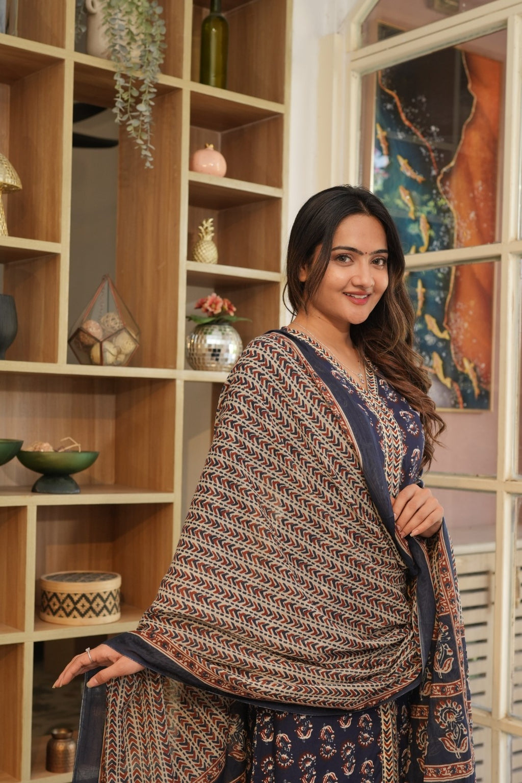 Navy Blue Printed Ethnic Set – Kurta, Pant & Dupatta