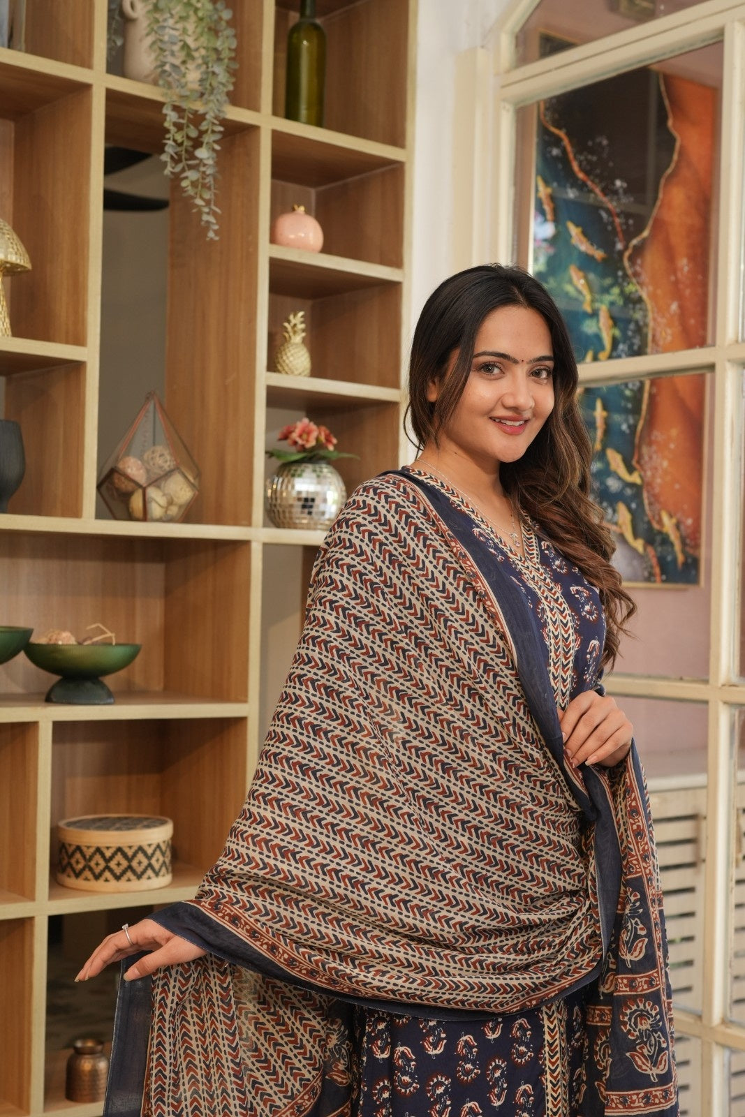 Navy Blue Printed Ethnic Set – Kurta, Pant & Dupatta