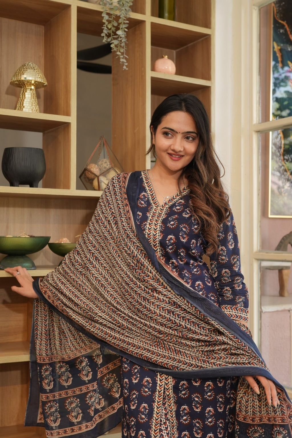 Navy Blue Printed Ethnic Set – Kurta, Pant & Dupatta