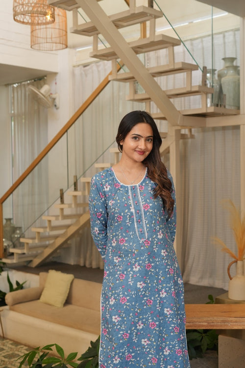 Blue Floral Ethnic Set with Pink Dupatta – Kurta, Pant & Dupatta