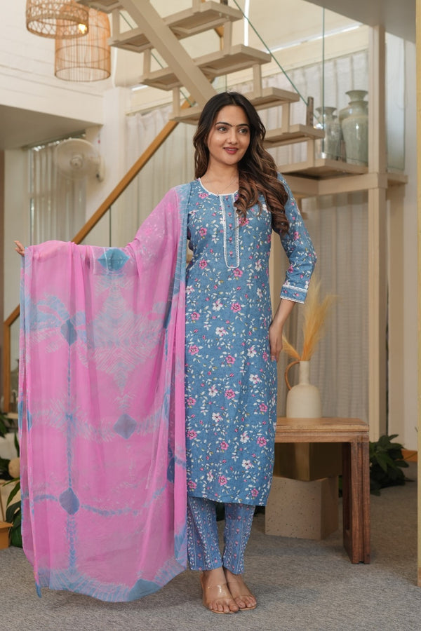 Blue Floral Ethnic Set with Pink Dupatta – Kurta, Pant & Dupatta