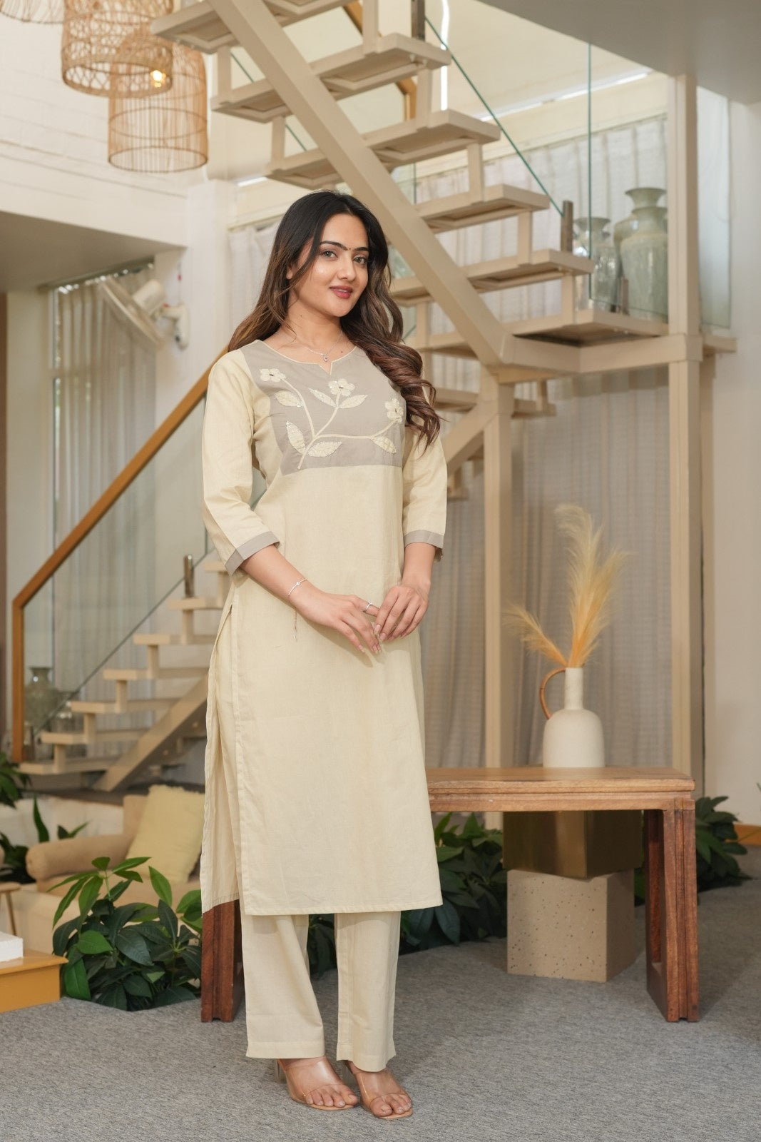 Elegant Beige Embroidered Ethnic Set – Kurta, Pant & Dupatta