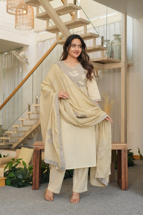 Elegant Beige Embroidered Ethnic Set – Kurta, Pant & Dupatta