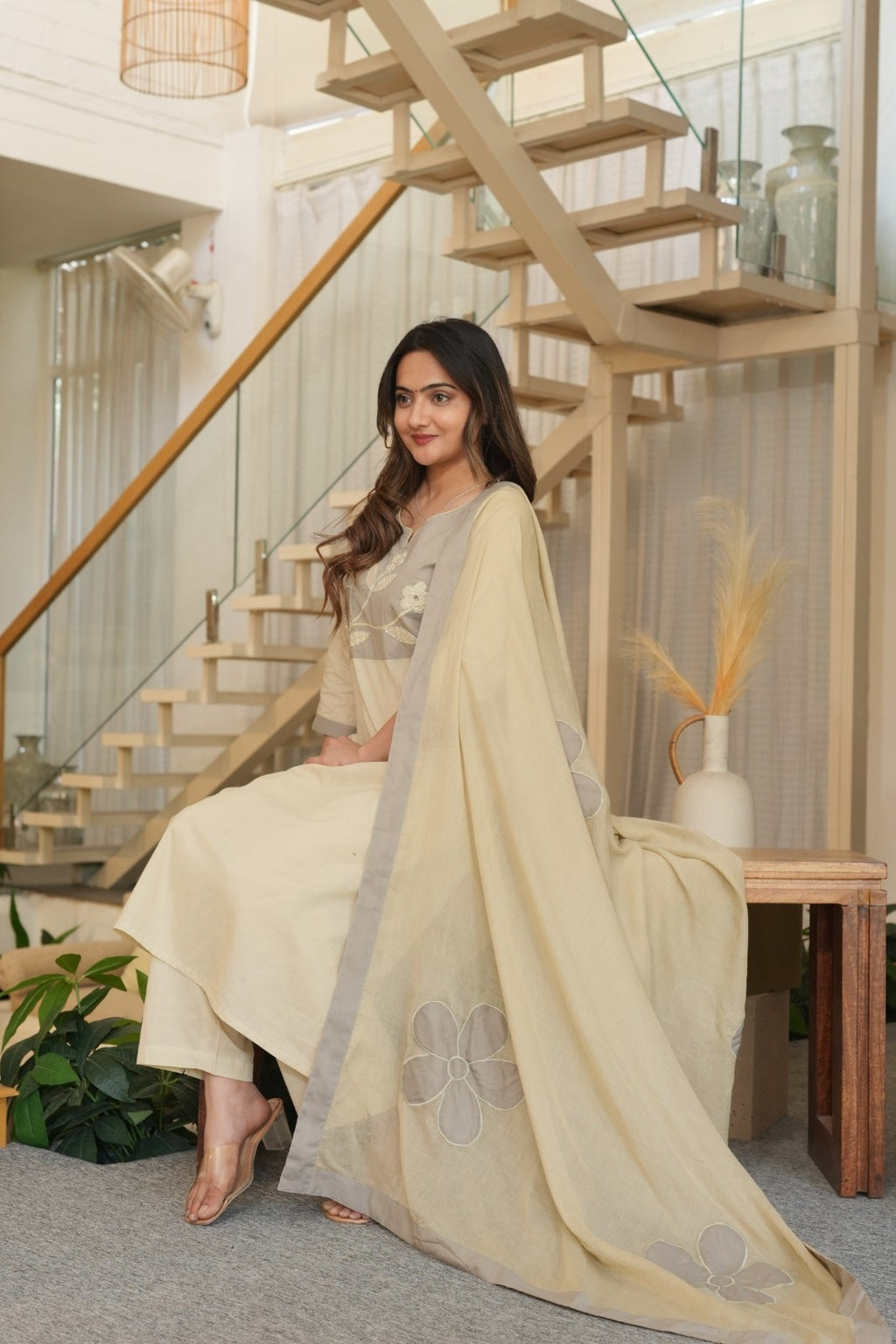 Elegant Beige Embroidered Ethnic Set – Kurta, Pant & Dupatta