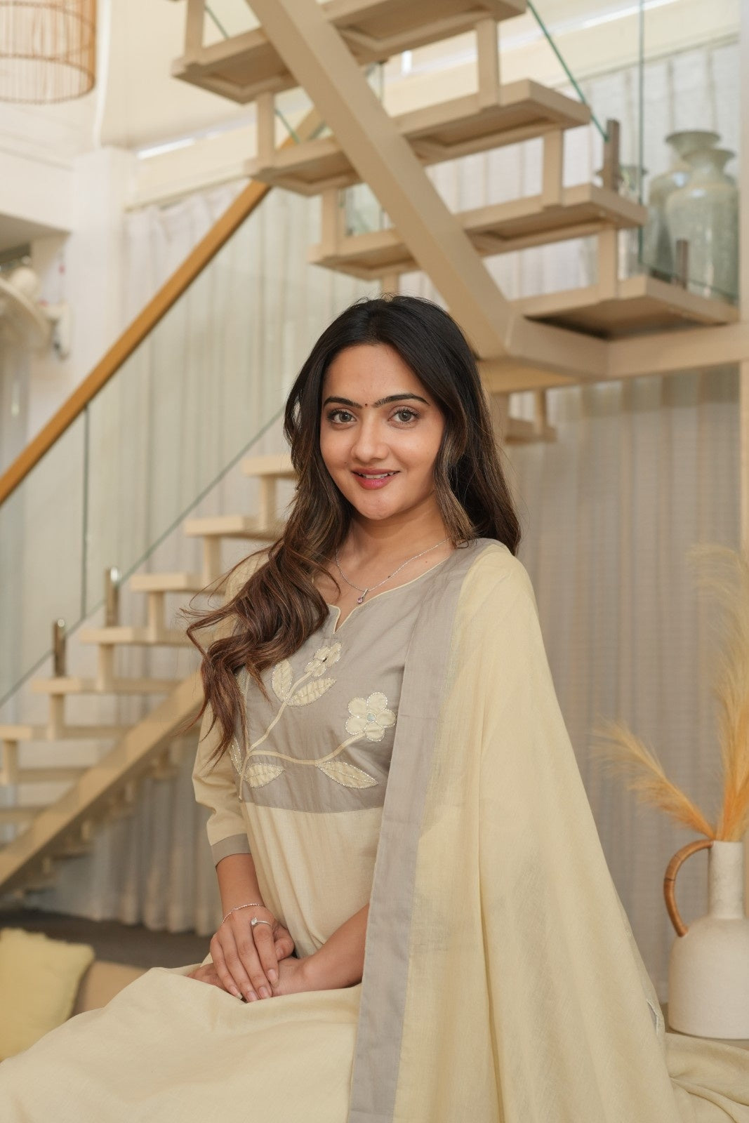 Elegant Beige Embroidered Ethnic Set – Kurta, Pant & Dupatta