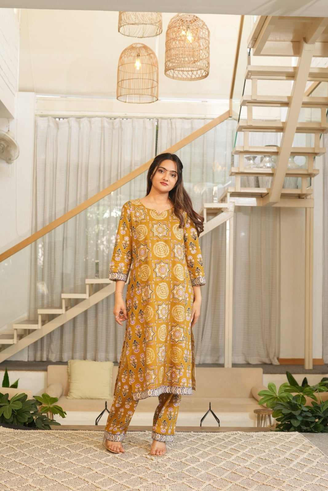 Mustard Printed Ethnic Set – Kurta, Pant & Dupatta