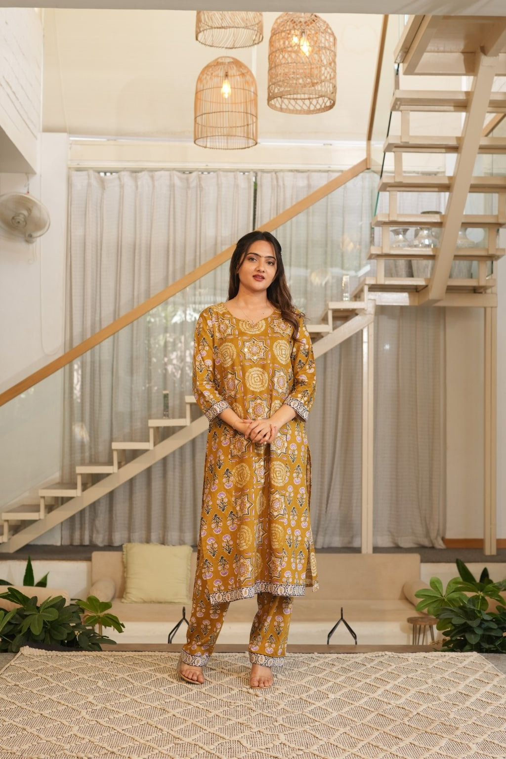 Mustard Printed Ethnic Set – Kurta, Pant & Dupatta