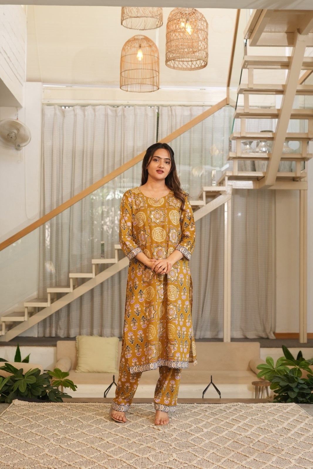 Mustard Printed Ethnic Set – Kurta, Pant & Dupatta